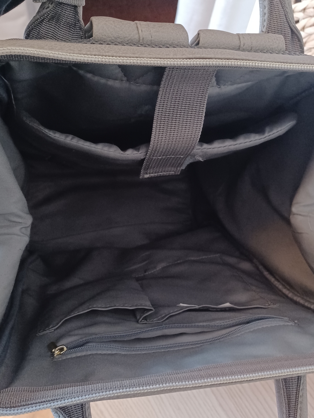 Gray Taupe Faux Leather Vegan Backpack with Front Zip Pocket - Picture 4 of 5
